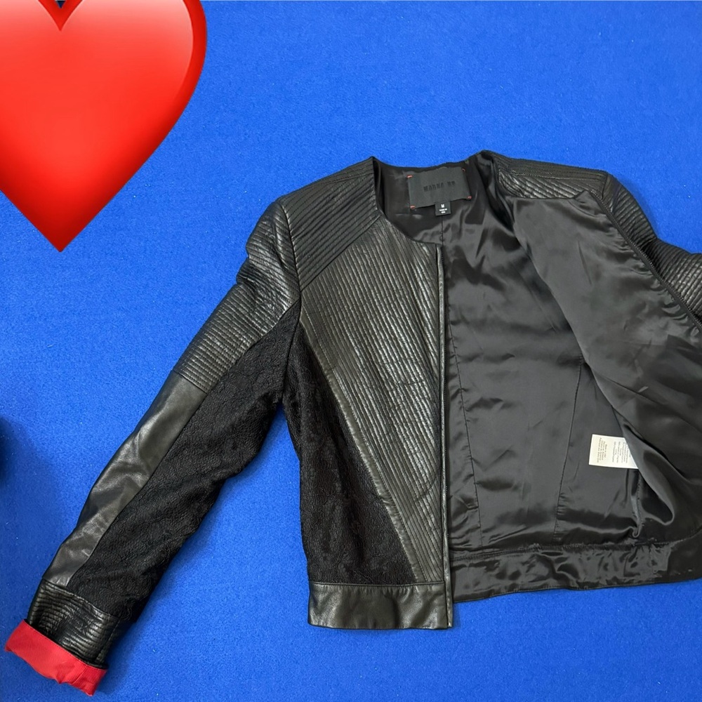 Marna Ro Lamb Leather & Lace Mix. Red Lined Sleeves Stunning Black Jacket Size M